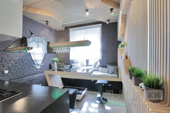 復(fù)古而科幻可變換燈光的未來(lái)廚房