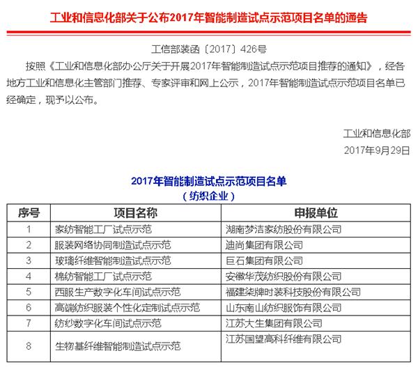 夢潔家紡等八家紡織企業(yè)上榜智能制造試點示范項目名單